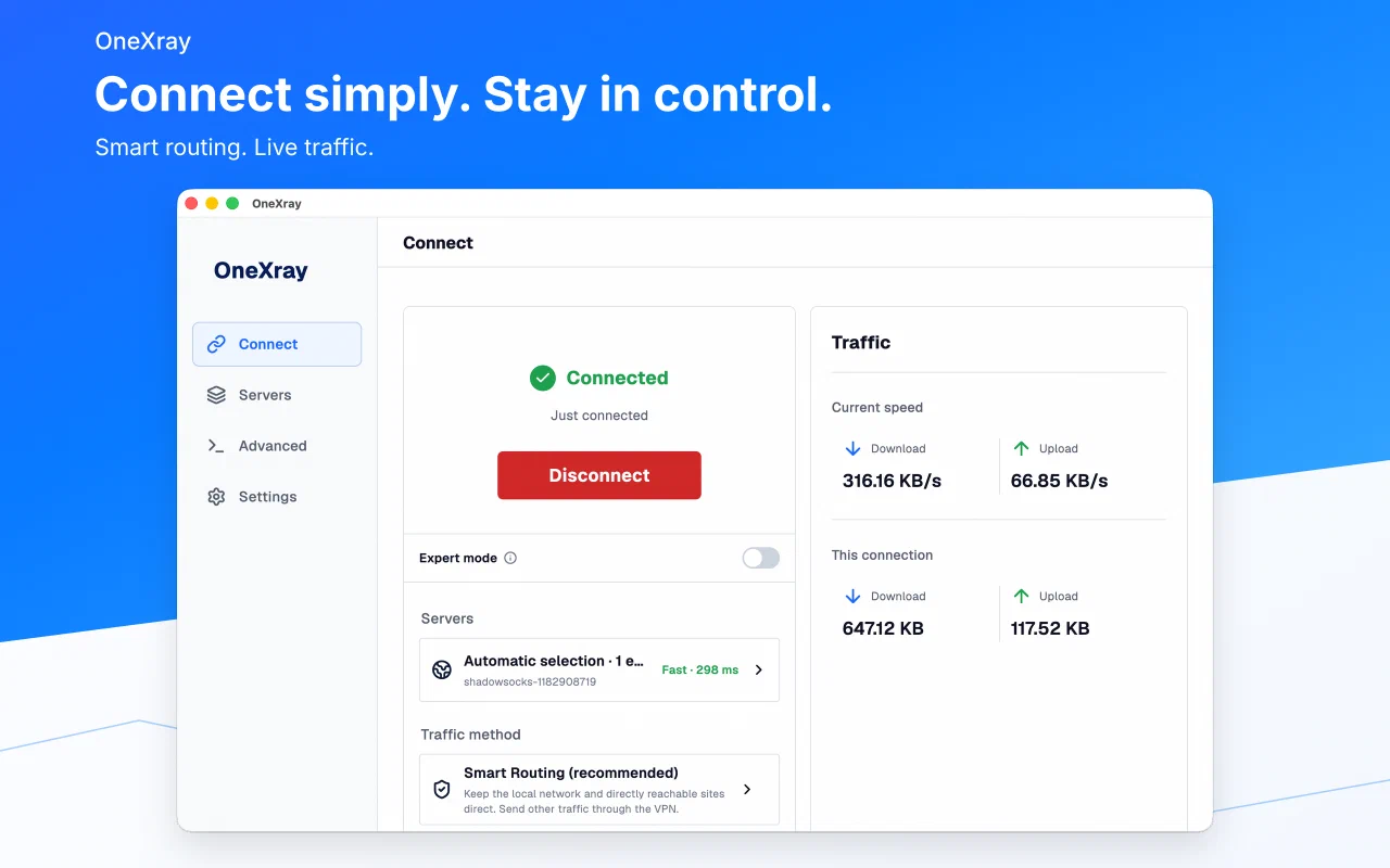 OneXray connection page on macOS